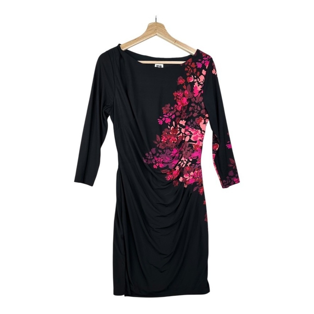 Anne Klein Floral Print 3/4 Sleeve Sheath Dress size Large Black/Red